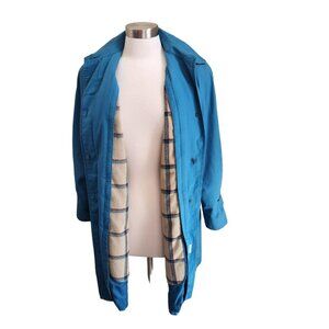 London Fog‎ Womens Trench Coat 8 Blue Plaid Removable Liner Stone Midi Pockets
